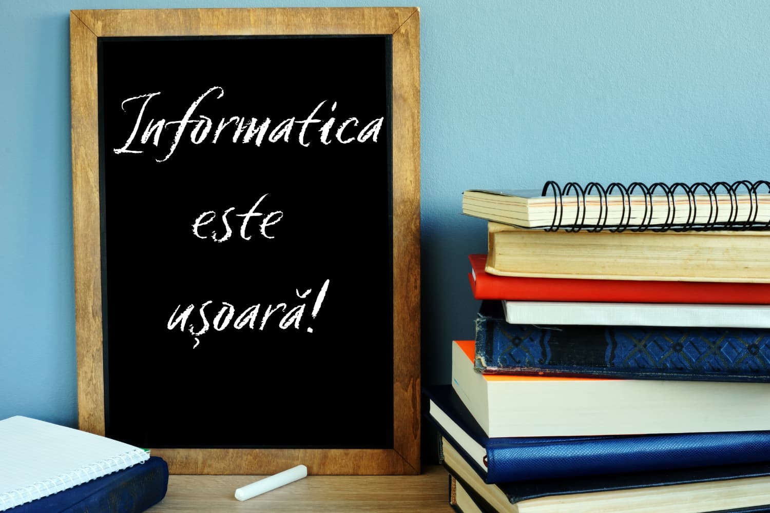 Tablă care spune că informatica e ușoară și un teanc de cărți de informatică.